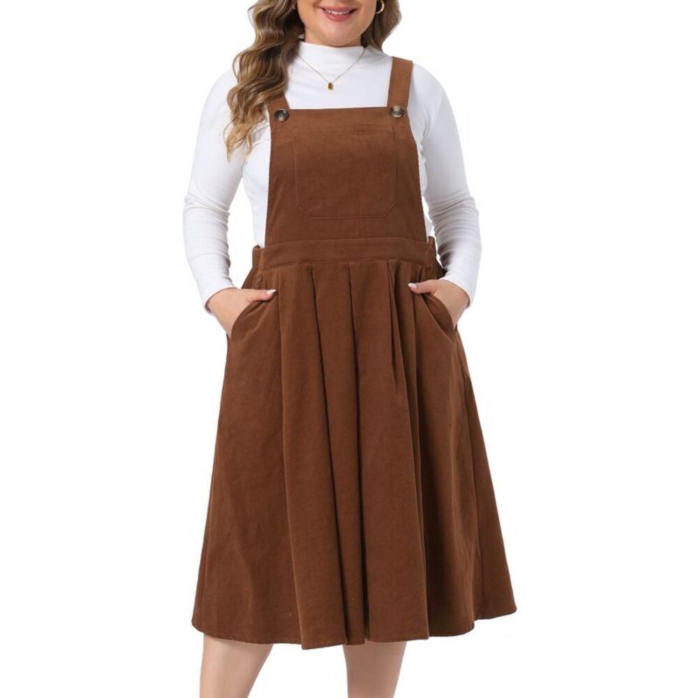 Women's Plus Size Corduroy Adjustable Strap Overall Dress Brown